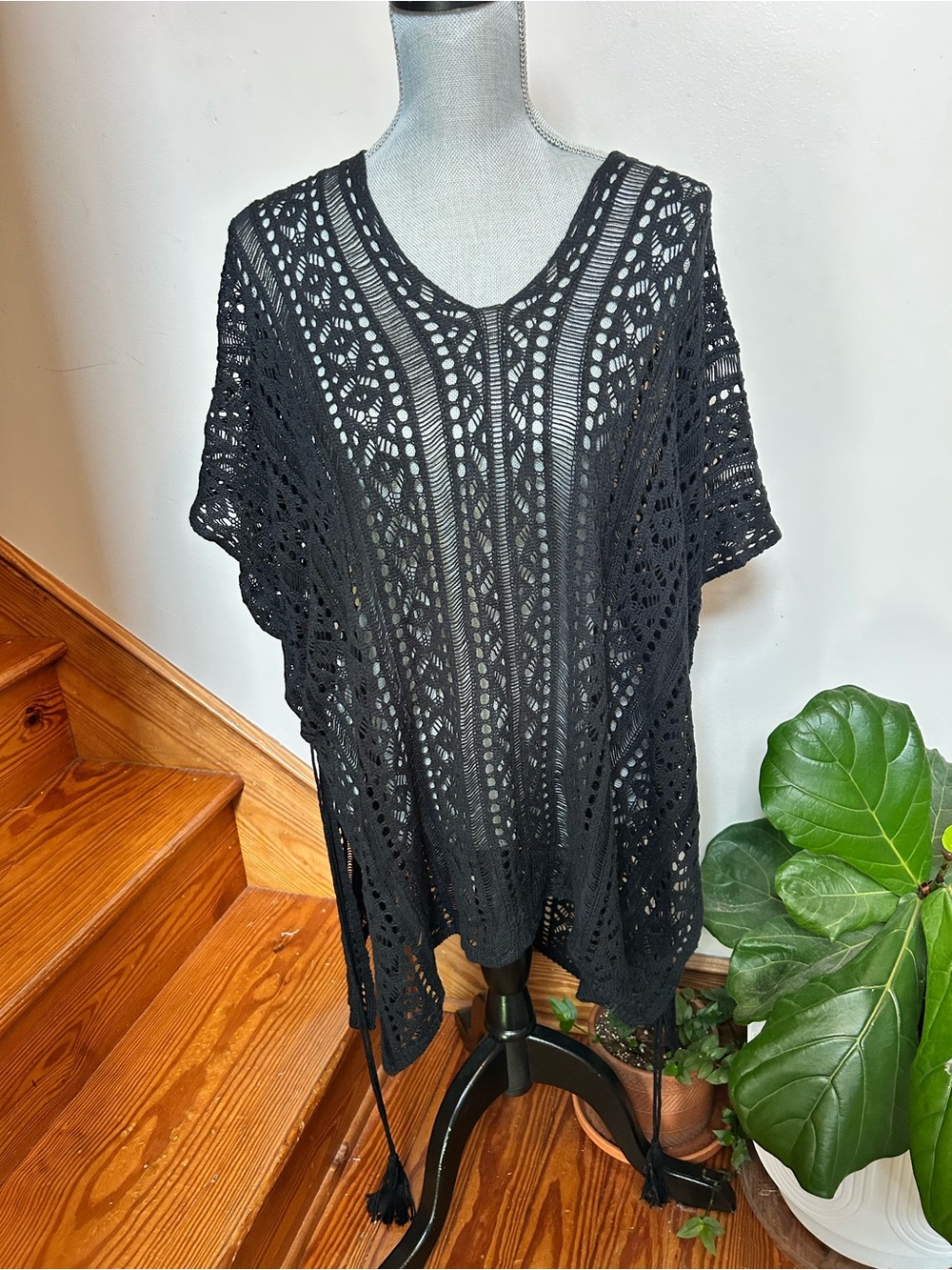 Black Boho Crochet Knit Poncho Cover-Up